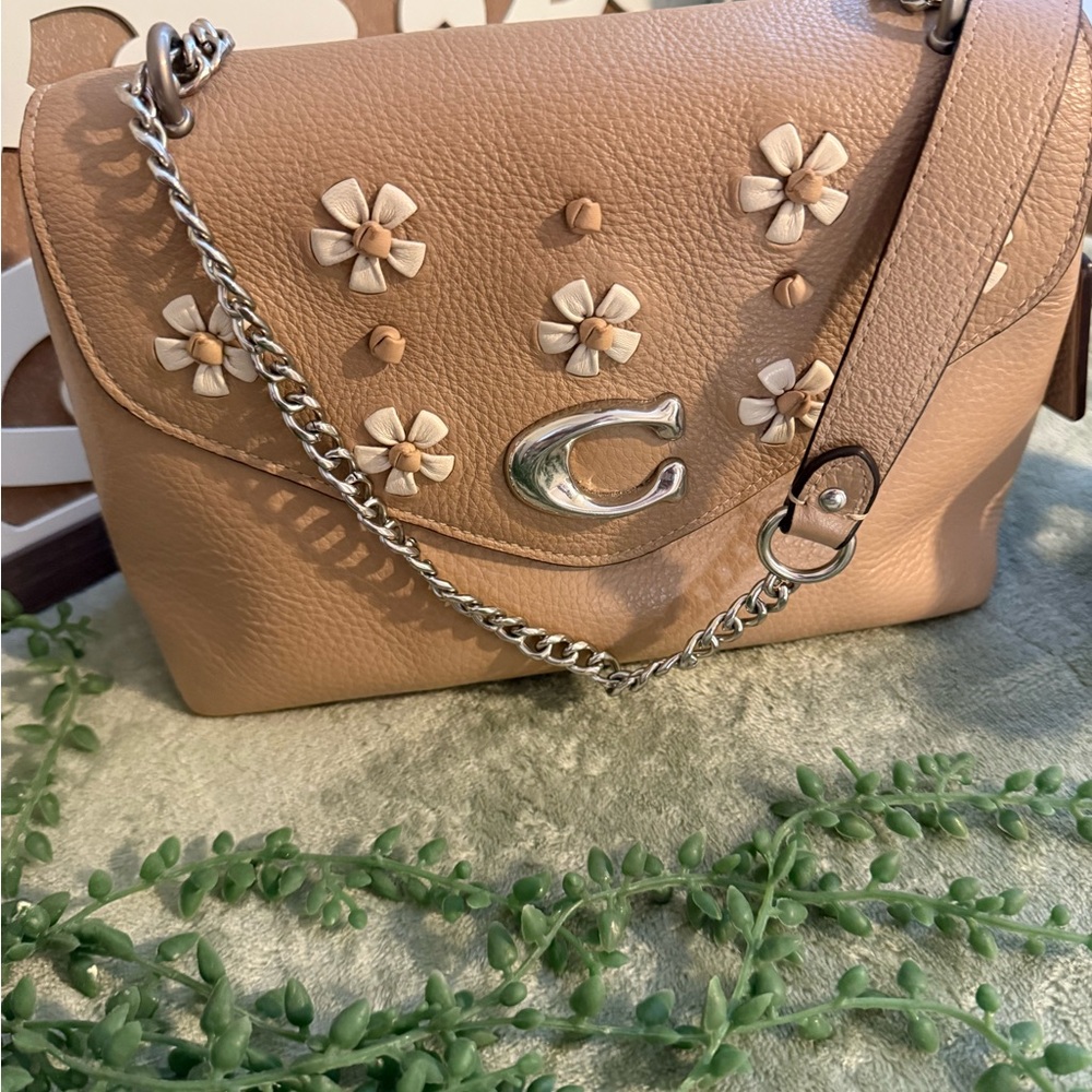 Coach Tan Leather Crossbody Bag with Floral Accents